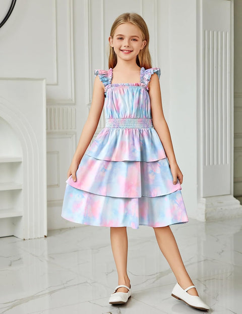 [6-14Y] Arshiner Girls Dresses Ruffle Flutter Sleeve Floral Tiered Party Dress