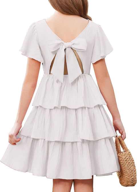 Arshiner Girls Dresses Elegant Ruffle Short Sleeve Back Tie Tiered Dresses