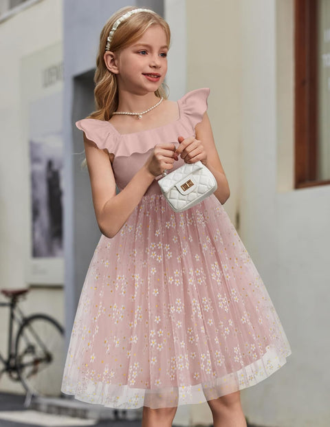 Arshiner Girls Dresses Square Neck Ruffle Sleeve Tulle Dress 6-14 Years