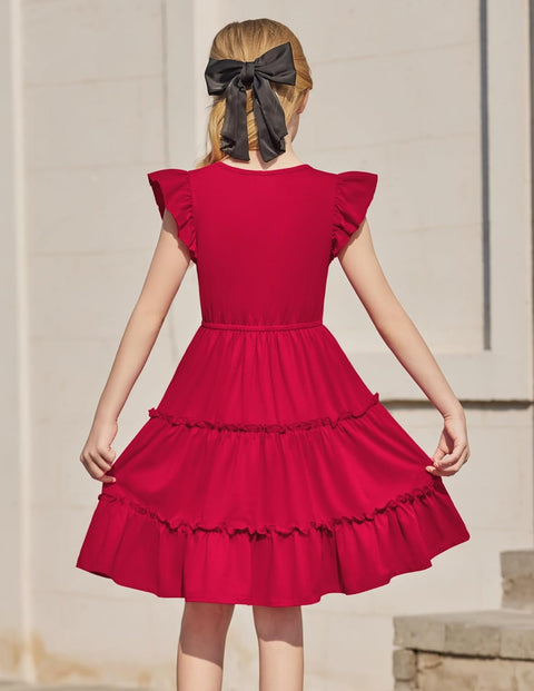 Arshiner Girl's Dress Ruffle Sleeve Tiered Dresses with Pockets 5-12 Years