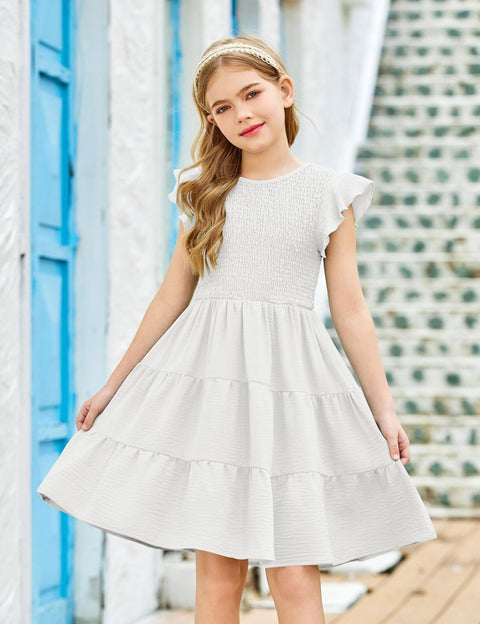 Arshiner Girls Dress Ruffle Sleeve Smocked Tiered Sundress