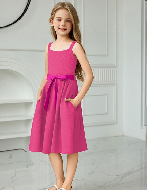 Arshiner Girls Cami Sleeveless Bow Tie Casual Sundress with Pockets for 5-12Y