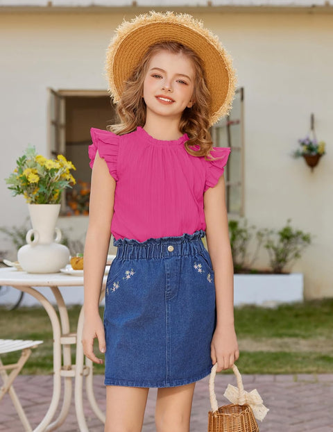 Arshiner Girls Ruffle Short Sleeve Shirts Frill Neck Pleated Blouse Tops