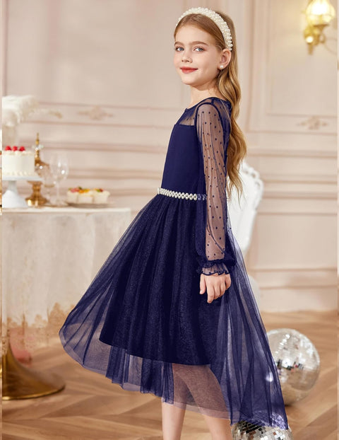 Arshiner Girls Dresses Contrast Mesh Long Sleeve Twirly Formal Dress