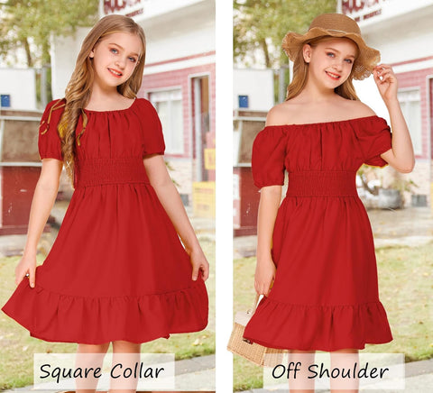 Arshiner Girls Tie Back Short Sleeve Ruffle Hem Off Shoulder Dresses