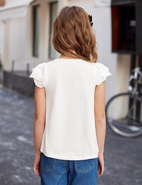 Arshiner Girls Shirts Short Sleeve Square Neck Lace Pleated Tops Blouse Tunic
