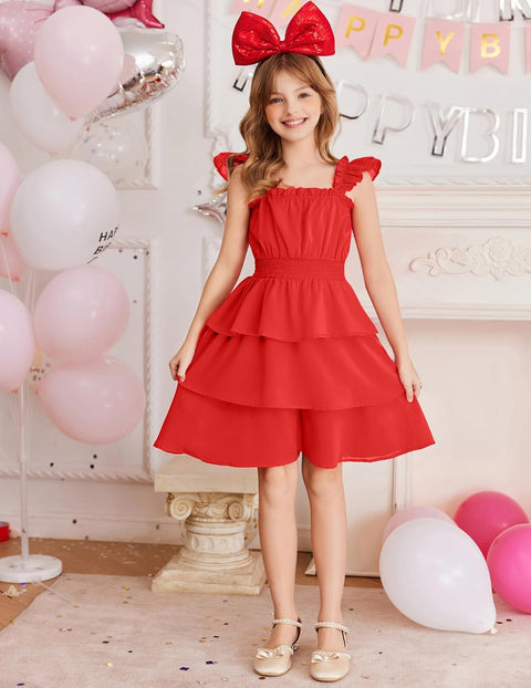 [6-14Y] Arshiner Girls Dresses Ruffle Flutter Sleeve Floral Tiered Party Dress