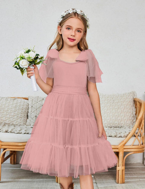 Arshiner Girls Dresses Sleeveless Bow-Tie Straps Tulle Dress