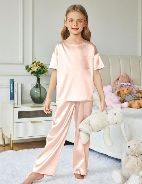 Arshiner Girls' Pajama Sets Satin Soft Silk Pjs Lounge Set Sleepwear
