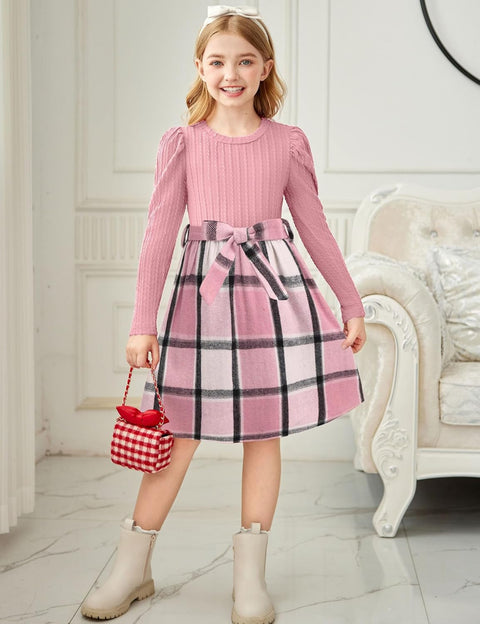 Arshiner Girls Dresses Puff Long Sleeve Rib Knit Plaid Belted Dress