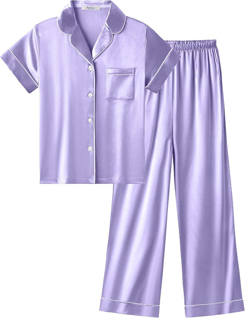 Arshiner Girls Pajamas Silk Satin Button Down Pjs 2 Piece Short Sleeve Sleepwear Set