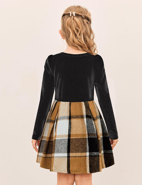 Arshiner Girls Dresses Velvet Plaid Patchwork Party Dress