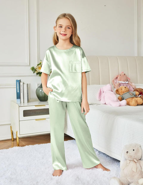 Arshiner Girls' Pajama Sets Satin Soft Silk Pjs Lounge Set Sleepwear
