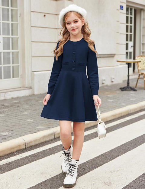 Arshiner Girls Sweater Dress Long Sleeve Button Knit Dresses