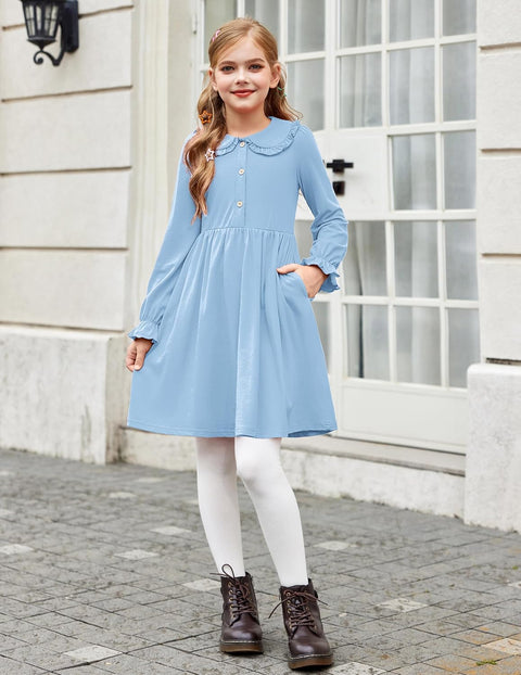 Arshiner Girls Long Sleeve Dress Ruffle Cotton Dresses