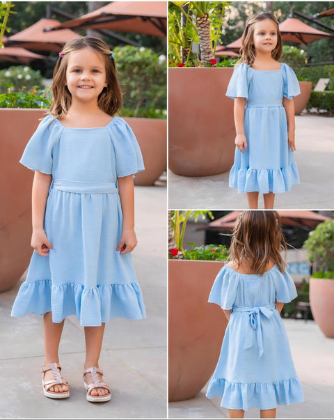 Arshiner Girls Dresses Kids Square Neck Ruffle Hem Belted Dress