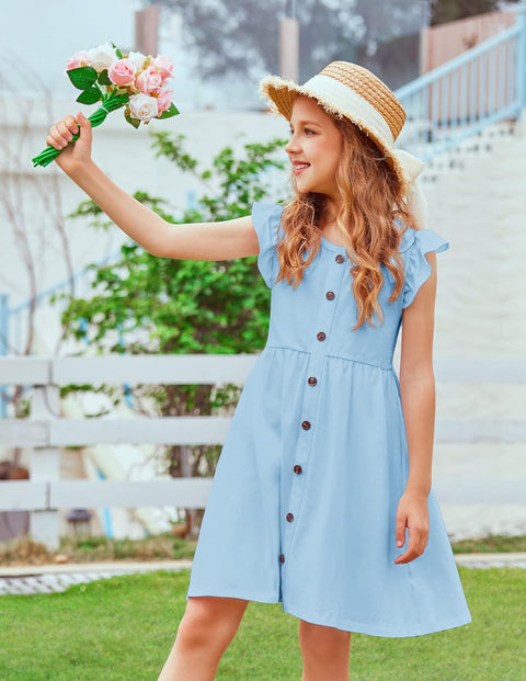 Arshiner Girls Dress Flutter Sleeve A-Line Button Down Sundress