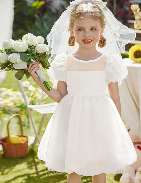 Arshiner Girls Dress Contrast Mesh Puff Flowy Bubble Hem Dresses