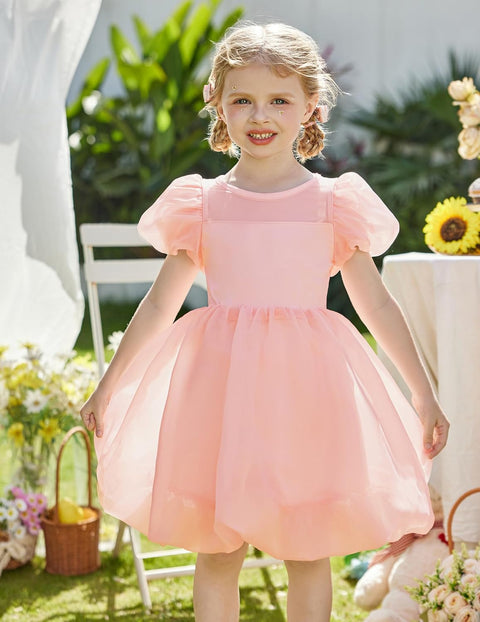 Arshiner Girls Dress Contrast Mesh Puff Flowy Bubble Hem Dresses