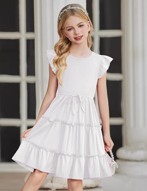 Arshiner Girl's Dress Ruffle Sleeve Tiered Dresses with Pockets 5-12 Years