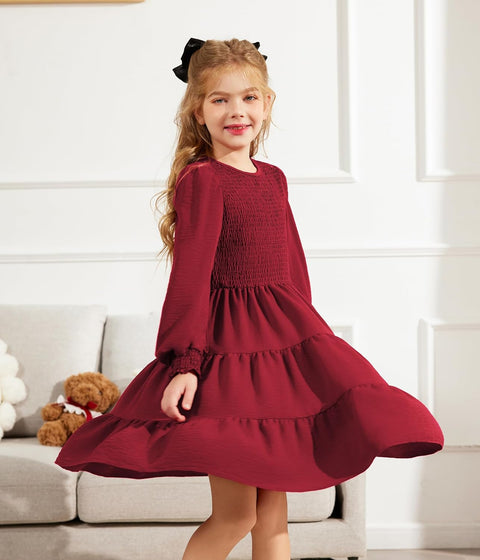 Arshiner Girls Dress Fall Boho Long Sleeve Shirred Smocked Tiered Party Dresses