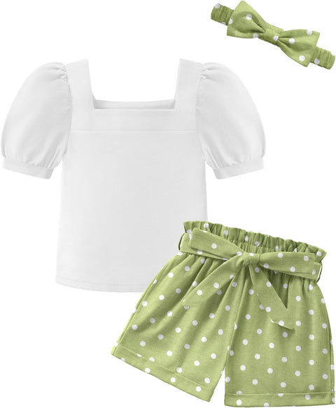 【 2-8Y】Arshiner Toddler Girl Puff Sleeve Tops + Shorts + Headband 3pcs Sets