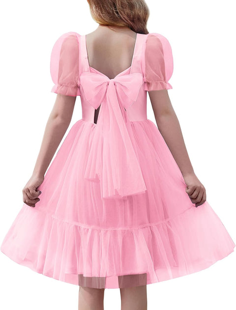 【6-16Y】Arshiner Girls Dresses Tulle Bow Tie Back Puff Sleeve Dress