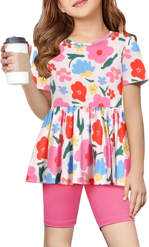 Arshiner Girls Summer Outfits Short Sleeve Ruffle Hem Top and Biker Shorts Set Girl Clothes 6-14 Years