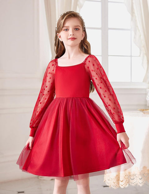 Arshiner Girl Tulle Dress Puff Long Sleeve Teen Girls Party Casual Dresses