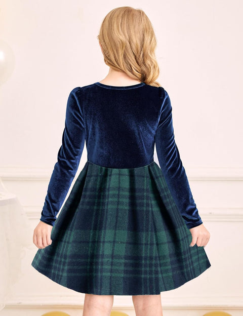 Arshiner Girls Dresses Velvet Plaid Patchwork Party Dress