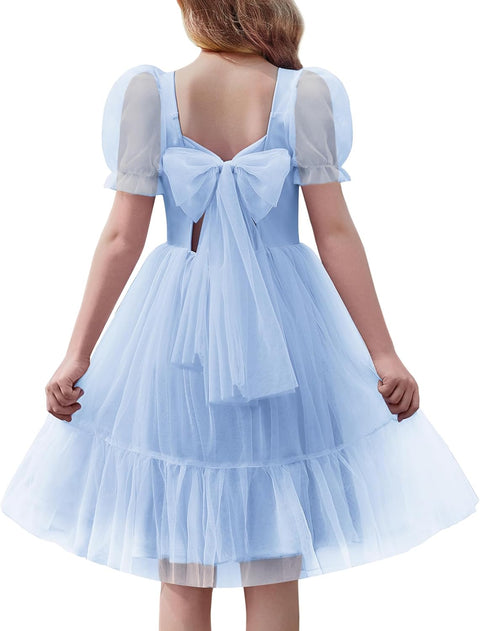 【6-16Y】Arshiner Girls Dresses Tulle Bow Tie Back Puff Sleeve Dress