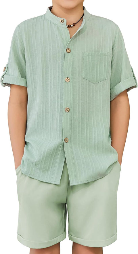 Arshiner Boy's 2 Piece Outfit Short Sleeve Textured Shirt and Short Sets