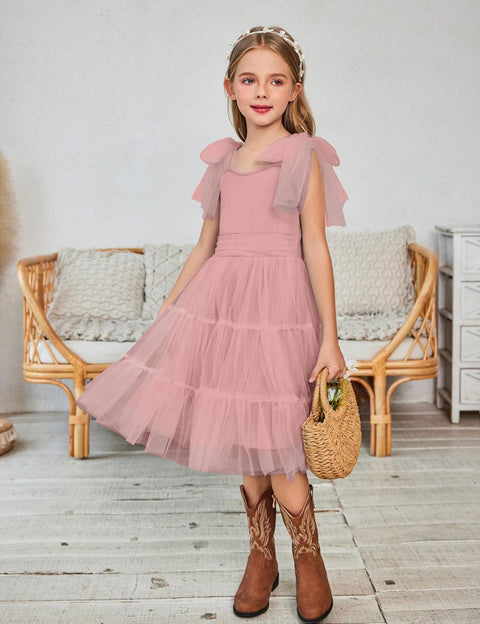 Arshiner Girls Dresses Sleeveless Bow-Tie Straps Tulle Dress