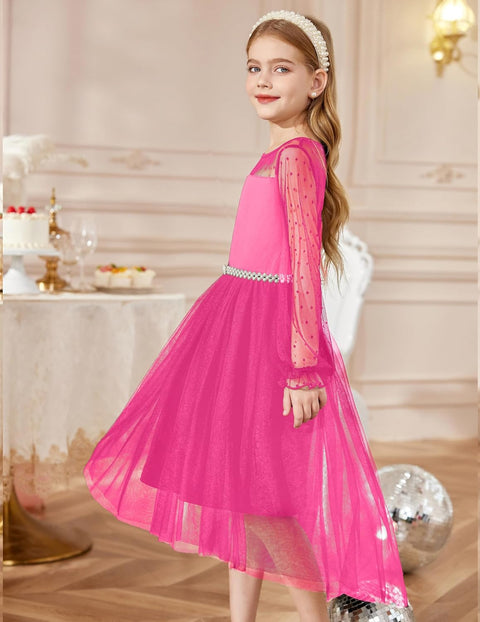 Arshiner Girls Dresses Contrast Mesh Long Sleeve Twirly Formal Dress