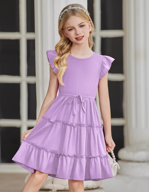Arshiner Girl's Dress Ruffle Sleeve Tiered Dresses with Pockets 5-12 Years