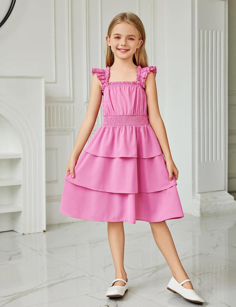 [6-14Y] Arshiner Girls Dresses Ruffle Flutter Sleeve Floral Tiered Party Dress