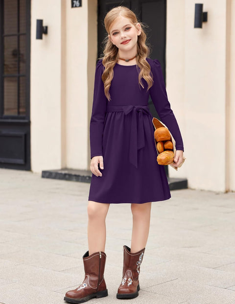 Arshiner Girls Dresses Puff Long Sleeve Formal Belted Dress