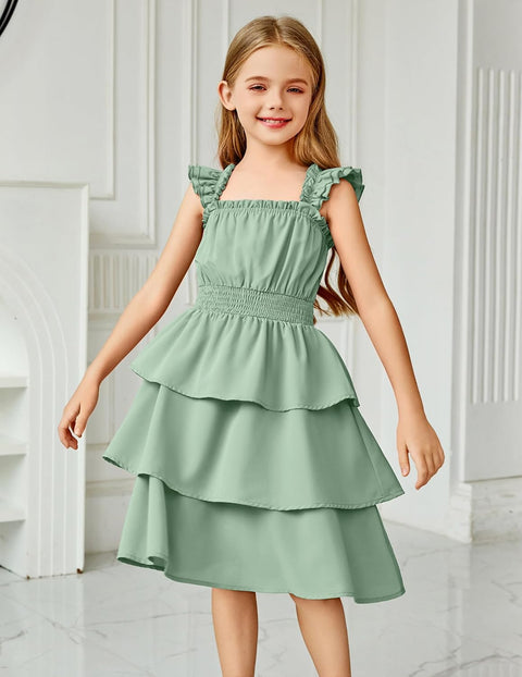 [6-14Y] Arshiner Girls Dresses Ruffle Flutter Sleeve Floral Tiered Party Dress