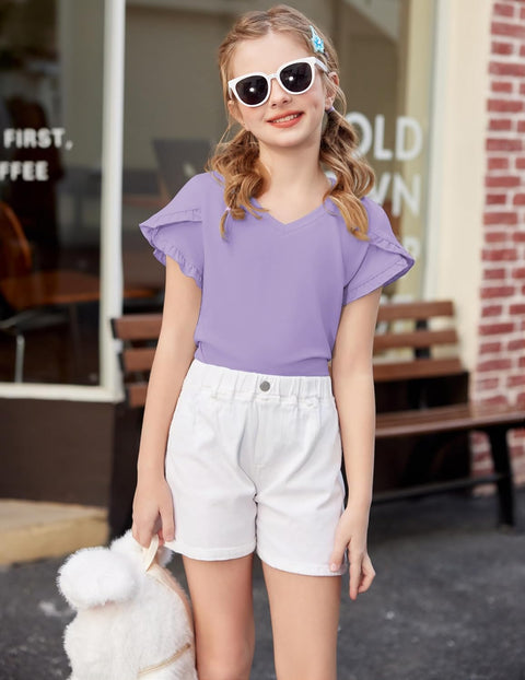 Arshiner Girls T Shirts Double Layer Ruffle Short Sleeve V Neck Tops Tee