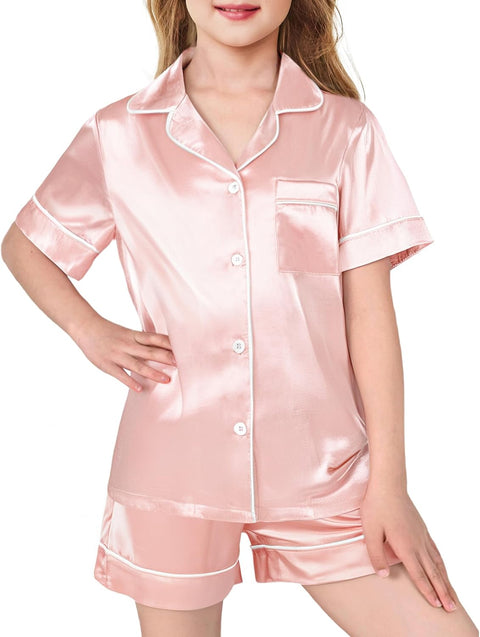 Arshiner Girls Pajamas Silk Satin Pajama Sleepwear Button Down Pj Set