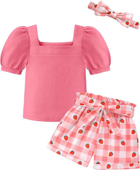 【 2-8Y】Arshiner Toddler Girl Puff Sleeve Tops + Shorts + Headband 3pcs Sets