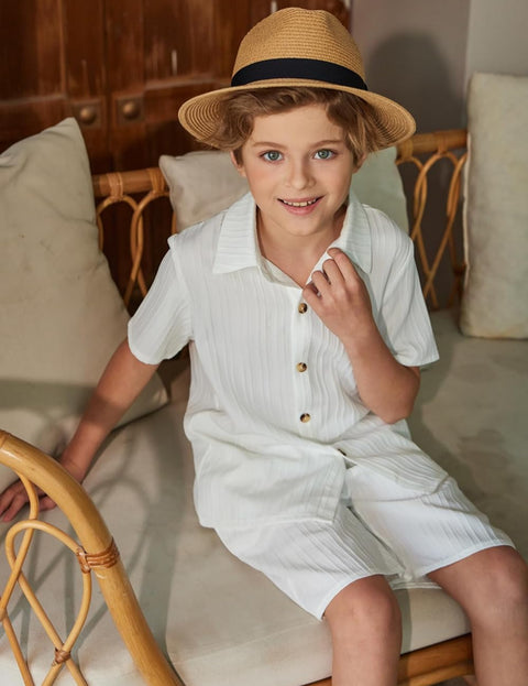 [5Y-12Y] Arshiner Boy's Textured Button Up Shirt and Shorts Set