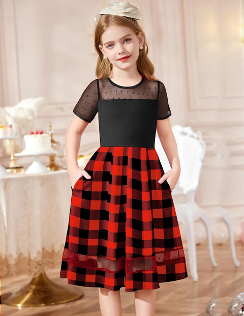 Arshiner Tween Girls Dress Formal Contrast Mesh Short Sleeve A Line Party Dresses