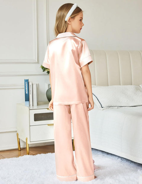 Arshiner Girls Pajamas Silk Satin Button Down Pjs 2 Piece Short Sleeve Sleepwear Set