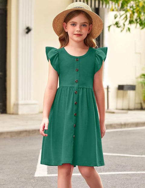 Arshiner Girls Dress Flutter Sleeve A-Line Button Down Sundress