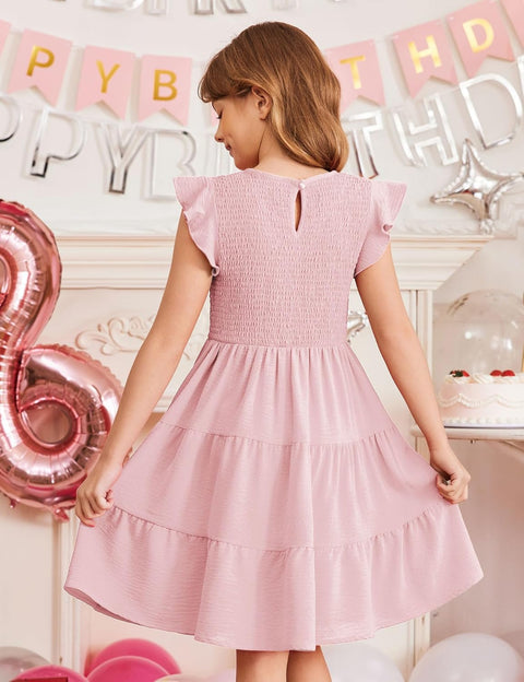 Arshiner Girls Dress Ruffle Sleeve Smocked Tiered Sundress