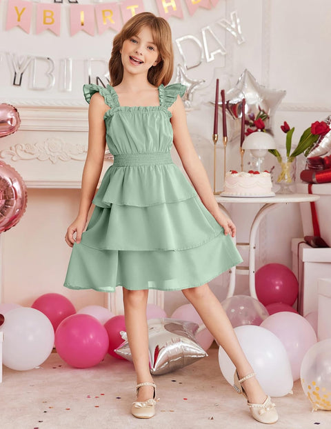 [6-14Y] Arshiner Girls Dresses Ruffle Flutter Sleeve Floral Tiered Party Dress