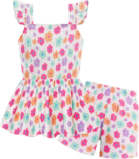 Arshiner Toddler Girl Clothes 2 Piece Summer Outfit Ruffle Sleeveless Top and Shorts Set with Pockets 2-7Y