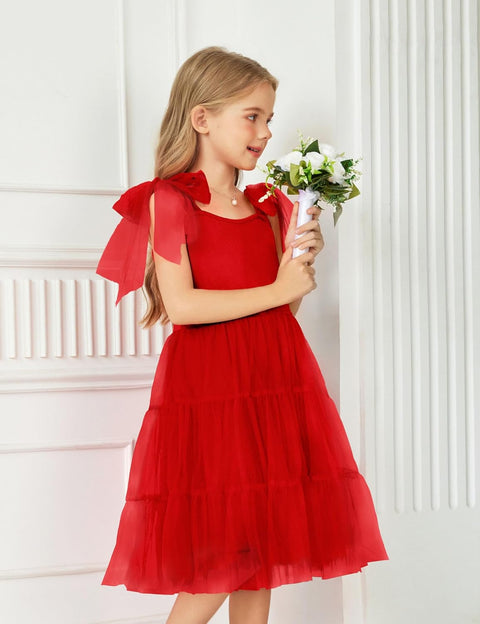 Arshiner Girls Dresses Sleeveless Bow-Tie Straps Tulle Dress