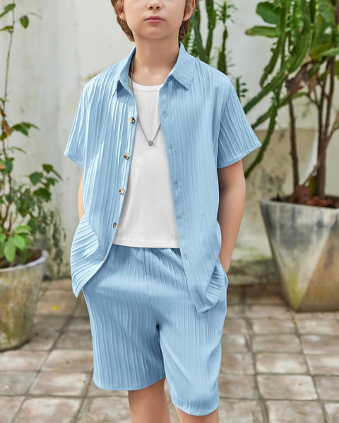 [5Y-12Y] Arshiner Boy's Textured Button Up Shirt and Shorts Set